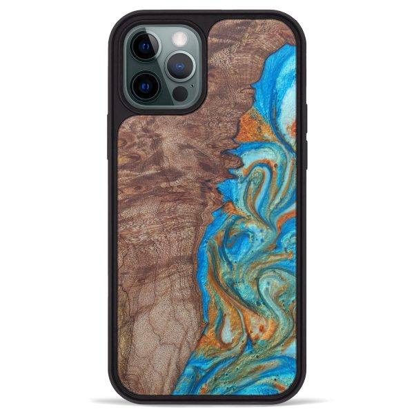 iPhone 12 Pro Max Wood+Resin Phone Case - Audrey (Teal & Gold, 604417) For Cheap