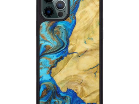 iPhone 12 Pro Max Wood+Resin Phone Case - Rebeca (Teal & Gold, 603231) Fashion